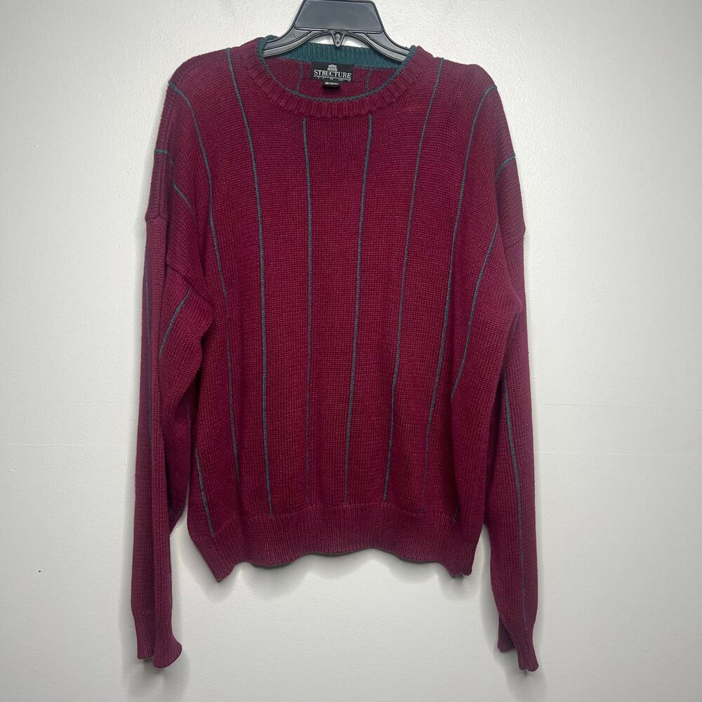Vintage Textured Sweater Mens Large 90s Cosby Coogie Suge Dad Maroon Gray Stripe